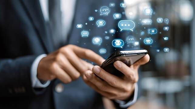 Businessman tapping a smartphone with glowing chatbot and speech bubble icons rising from the screen, illustrating ai driven customer service, virtual assistant interaction and mobile support