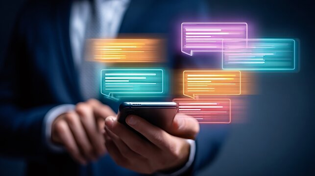 Business professional holding smartphone, interacting with glowing chat bubbles on a touchscreen to send and receive messages, representing fast, global social media and digital communication