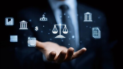 Businessman hand presenting a digital holographic interface with balancing scales of justice, symbolizing law, finance, government, and legal services offered in a modern business environment