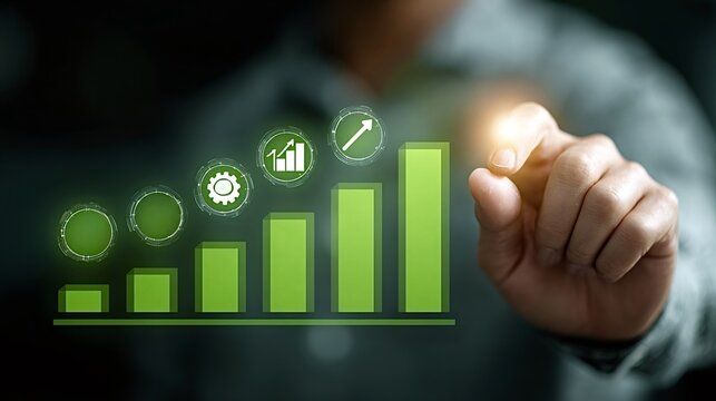 Businessman's hand touching a glowing virtual bar chart displaying increasing financial data and various business process icons, representing progress and digital transformation