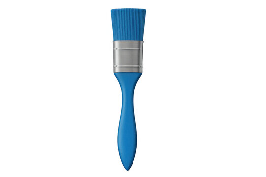 Blue paintbrush with a flat synthetic bristle tip, paint tool for art, crafting, and creative projects, transparent background