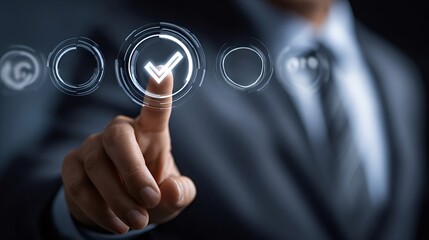 Businessman hand interacting with a holographic interface, selecting a check mark icon for approval, quality control, completing tasks, or making a perfect choice in a futuristic digital environment