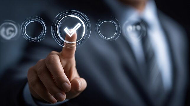 Businessman hand interacting with a holographic interface, selecting a check mark icon for approval, quality control, completing tasks, or making a perfect choice in a futuristic digital environment