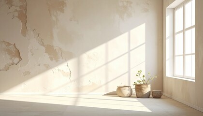 Soft light enters minimalist room revealing cracked wall texture expressing calm introspection theme. Earthy tones support design trends and serene interiors