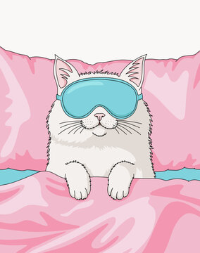 Vector Illustration of a White Cat Wearing an Light Blue Eye Mask, Sleeping Comfortably in a Cozy Bed with Pink Pillow and Sheets Peaceful and Relaxed