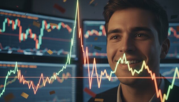 Smiling trader looking at rising stock market chart symbolizing optimism investment success and financial growth during dynamic market movements in trading environment