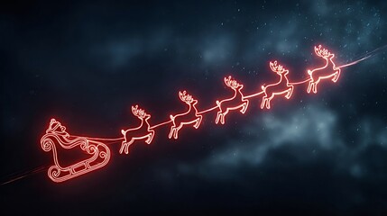 Santa claus and reindeer rendered in a glowing red neon light outline, pulling a sleigh across a dark, snowy night sky, symbolizing festive holiday magic and winter celebration