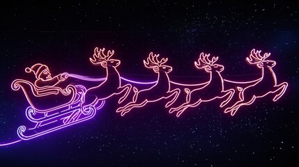 Santa claus and his team of reindeer pulling a sleigh glowing in vibrant neon lights against a dark, starry night sky, representing festive christmas holidays