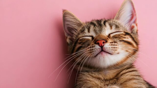 Relaxed tabby kitten resting against pink backdrop