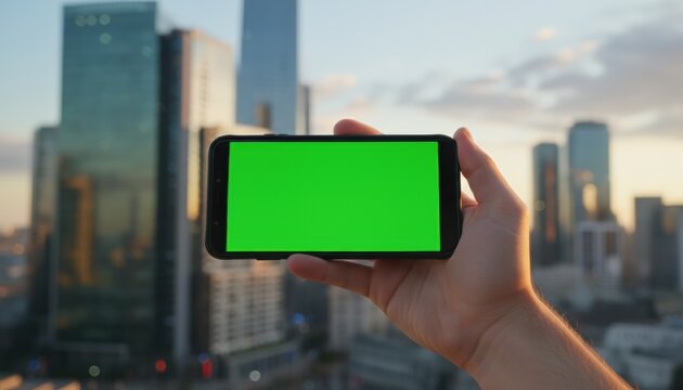 Hand holding smartphone with green screen over city skyline at sunset, ideal for mockups, digital apps, and modern communication concepts in an urban environment - Powered by Adobe