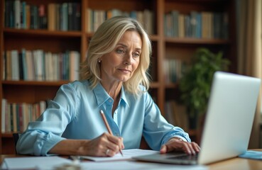 Blonde mature woman works on laptop at home office. She writes notes on paper studying documents. Female expert works remotely using computer technology.
