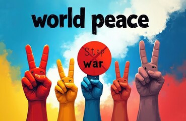 Illustration promoting world peace concept. Colorful hands form peace signs. Symbol expresses anti-war message. Hands holding a sign saying Stop War. Blue sky with white clouds background.