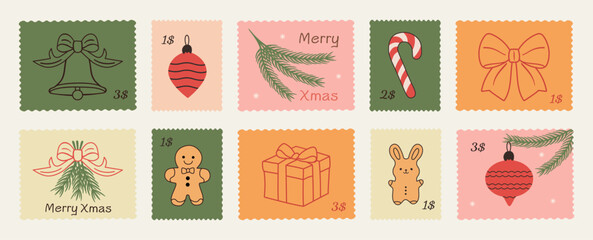 Set of vintage winter vacation Christmas and New Year postage stamps in doodle sketch, hand-drawn style. Postmark Xmas vector elements for posters, postcards, mail art, festive scrapbooking designs.