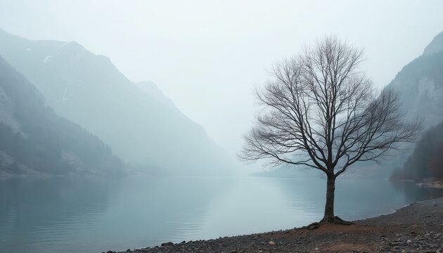 Single bare tree stands on rocky shore of calm lake. Winter mountains disappear in dense fog. Grey sky reflects on water surface. Nature scene evokes peace, cold, solitary mood. Minimalist, serene