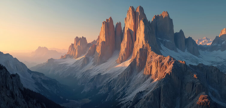 Sunrise illuminates jagged mountain peaks and deep valleys. Warm light bathes rocky summits under a clear sky, creating a serene, majestic natural panorama. Peaceful landscape.