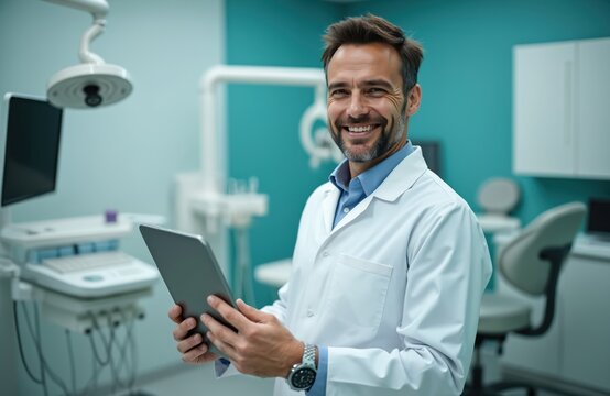 Smiling male dentist stands in modern clinic holding tablet. He wears white lab coat ready for dental procedure. Pro doctor waits for patient.