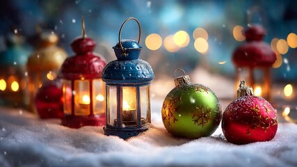 Decorative lanterns and ornaments in festive winter setting - Powered by Adobe