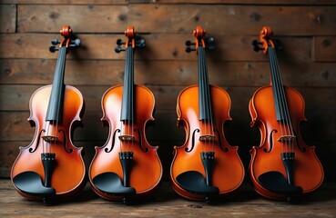 Fototapeta premium Four classical violins stand against rustic wooden wall background. Stringed instruments warm brown color, polished finish. Arranged side by side, ready for musical performance ensemble.