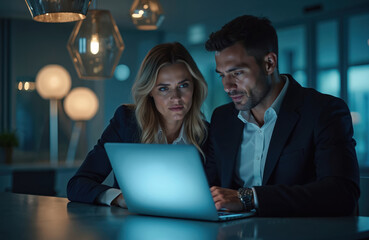 Man and woman in suits look at laptop screen. Colleagues work late in modern office. Business team discusses project, shares ideas, collaborates on strategy with computer.