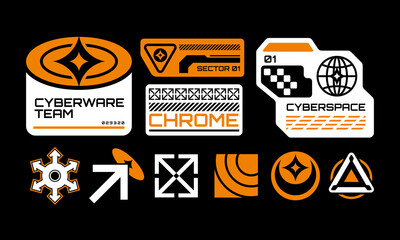 Orange Cyberware Badges: Futuristic Cyberspace, Chrome, and Tech Label Stickers