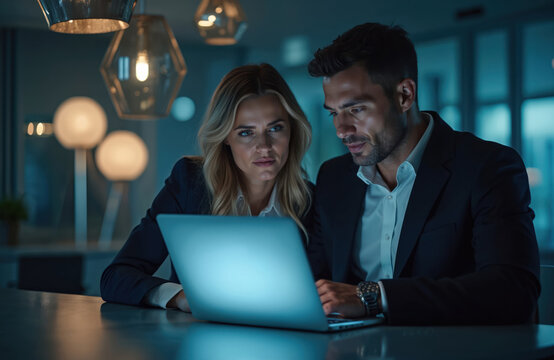 Man and woman in suits look at laptop screen. Colleagues work late in modern office. Business team discusses project, shares ideas, collaborates on strategy with computer.