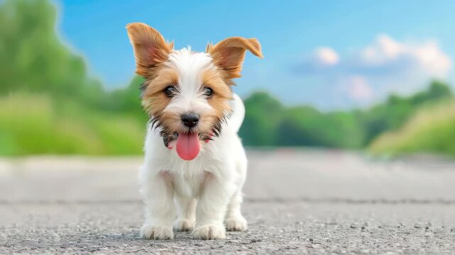 Playful Puppy on the Path: An adorable, young puppy with floppy ears and a sweet, inquisitive expression stands in the middle of a sunlit path, capturing the simple joy of childhood