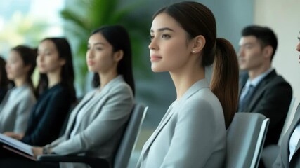 Business meeting with women in formal attire, attentive to presentation