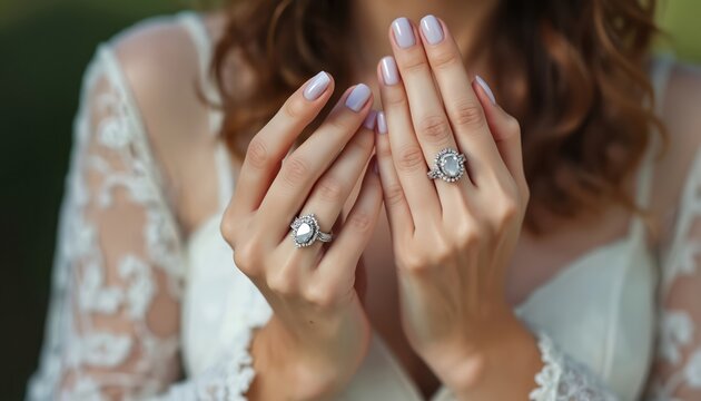 Bride shows elegant manicure and diamond rings. Woman wears white lace dress on wedding day. Hands closeup with perfect nails and luxury jewelry are shown.