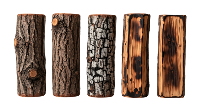 Five wooden logs showing different textures and states of wood including bark and charring, isolated on a white or transparent background, cutout, PNG