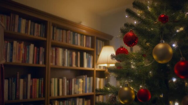 Cozy library with a corner Christmas tree, warm ambient lighting