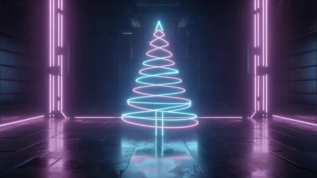 Floating futuristic Christmas tree hologram in a minimal sci-fi room