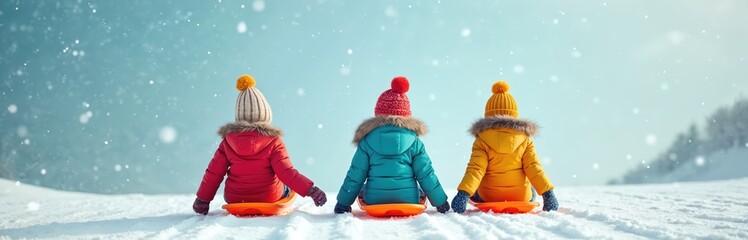 Three kids in colorful winter coats sit on sleds atop a snowy hill. They wear warm hats and mittens, ready for fun. Snowflakes fall gently against a bright blue sky. Kids enjoy winter playtime.