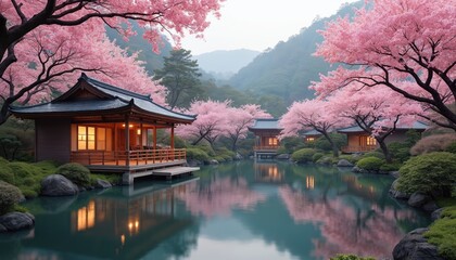 Tranquil Japanese garden with blooming sakura trees, serene pond, and traditional houses. Lush green bushes and hills form a picturesque landscape, reflecting in the calm water.