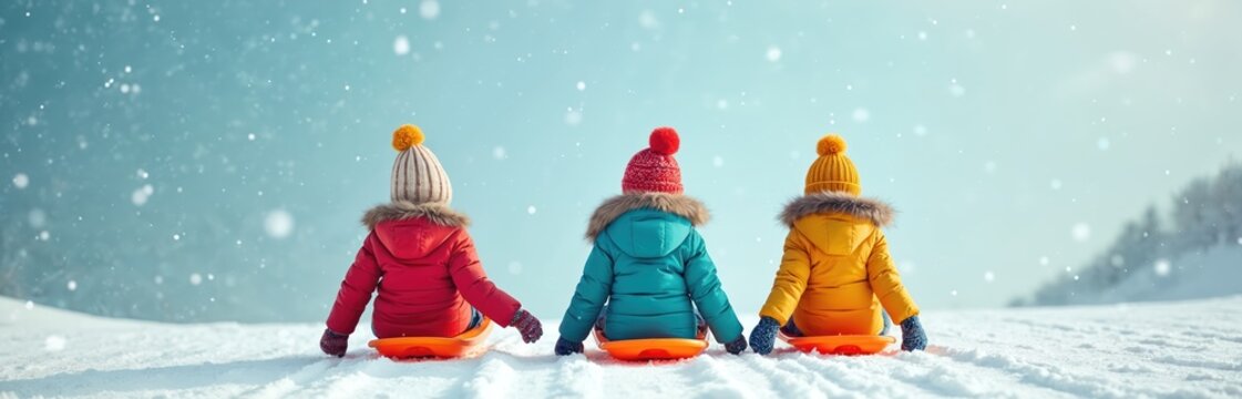 Three kids in colorful winter coats sit on sleds atop a snowy hill. They wear warm hats and mittens, ready for fun. Snowflakes fall gently against a bright blue sky. Kids enjoy winter playtime.