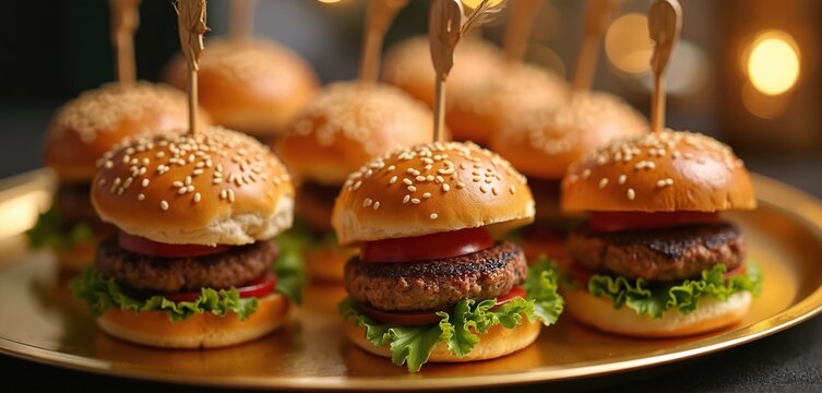 Mini burgers served on golden tray. Small beef burgers with fresh lettuce tomato sesame bun. Gourmet snack food at party catering event. Delicious appetizer or finger food.