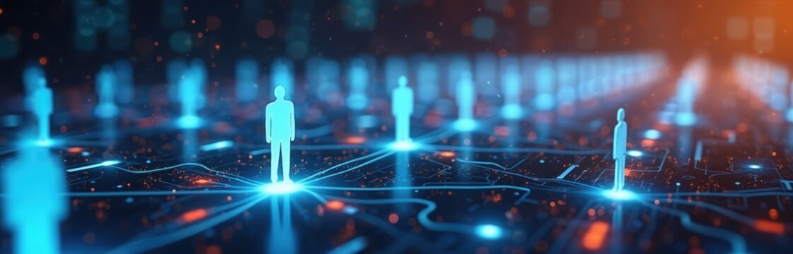 Blue human figures stand on digital circuit board. Glowing lines connect people, forming tech network. Represents human resource management, recruitment process, talent acquisition, smart candidate