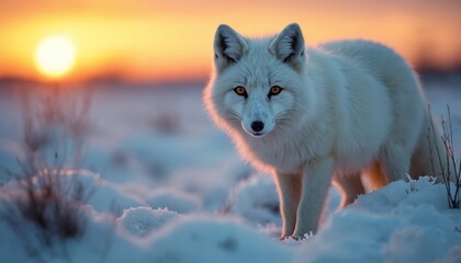 Naklejka premium Arctic fox closeup in snowy tundra at sunset. White fur animal stands in snow. Golden hour light on winter wildlife scene. Cold polar landscape animal.
