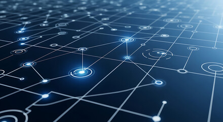 Abstract network of glowing blue digital connections and nodes on a dark background, representing data transfer and complex systems
