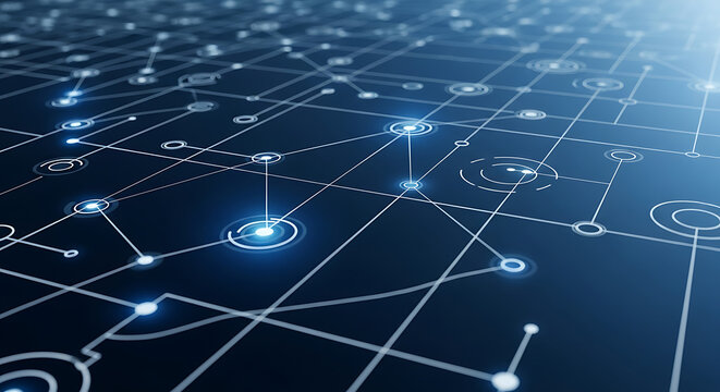 Abstract network of glowing blue digital connections and nodes on a dark background, representing data transfer and complex systems - Powered by Adobe