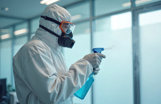 Worker in white protective hazmat suit, full-face respirator mask, orange safety goggles sprays blue disinfectant. Clean glass wall in modern office, sanitize workspace thoroughly. Specialist
