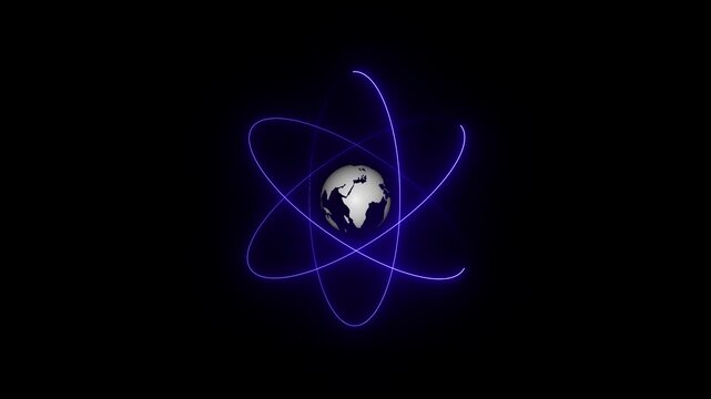 Atom icon , atom symbols on Motion graphics.Glowing atom symbol on Neon blue color shine atom icon animation. World map animation Technology icon animation on black background. 4k video
