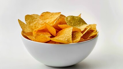 Golden Crisps in a Ceramic Bowl: A tempting display of perfectly golden chips, piled high in a clean, elegant ceramic bowl, beckons with the promise of satisfying crunch.