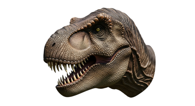 Detailed realistic Tyrannosaurus Rex head with sharp teeth and textured scales, isolated on a white or transparent background, cutout, PNG
