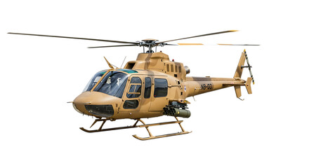 Fototapeta premium Tan military helicopter with weapons pod and rotor blades visible, isolated on a white or transparent background, cutout, PNG