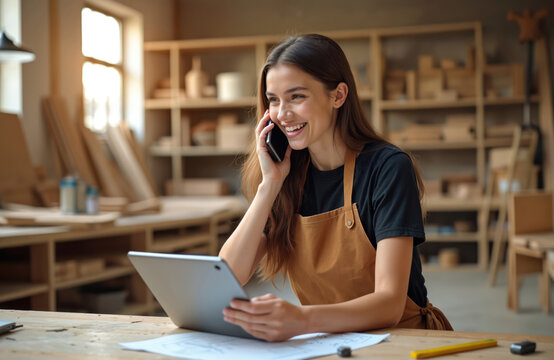 Woman carpenter talks on phone in workshop. She holds tablet and smiles while discussing custom order details. She plans project work on digital device at her desk.