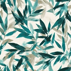 Naklejka premium Seamless pattern with painted green and brown long leaves on light background. Abstract botanical and tropical concept for fashion print and textile design.