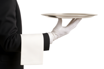 Server's arm holding a silver tray, formal professional style, isolated on transparent background