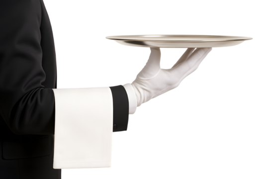 Server's arm holding a silver tray, formal professional style, isolated on transparent background