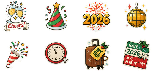 New Year 2026 celebration stickers — cheers glasses, party hat, fireworks 2026, disco ball, confetti popper, midnight clock, suitcase NY trip, boarding pass gate — PNG transparent
