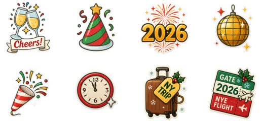 New Year 2026 celebration stickers — cheers glasses, party hat, fireworks 2026, disco ball, confetti popper, midnight clock, suitcase NY trip, boarding pass gate — PNG transparent